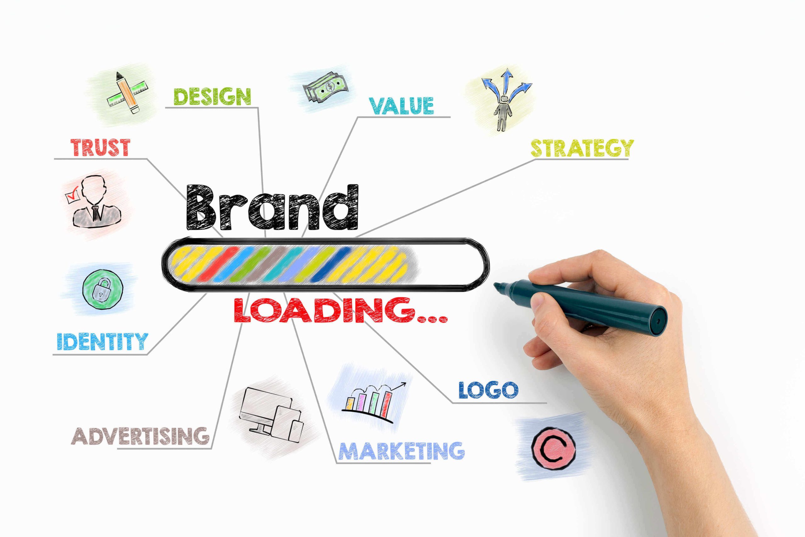 Branding expert presenting brand guidelines, logo concepts, and marketing strategy to a client.