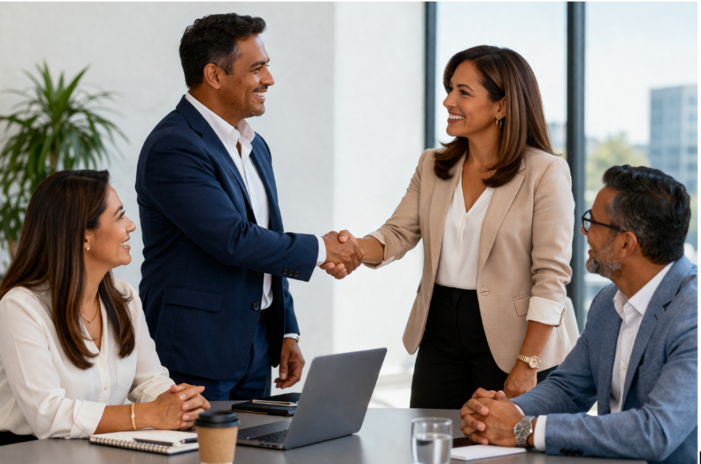 Consultant presenting advertising strategies to business clients during a professional meeting.